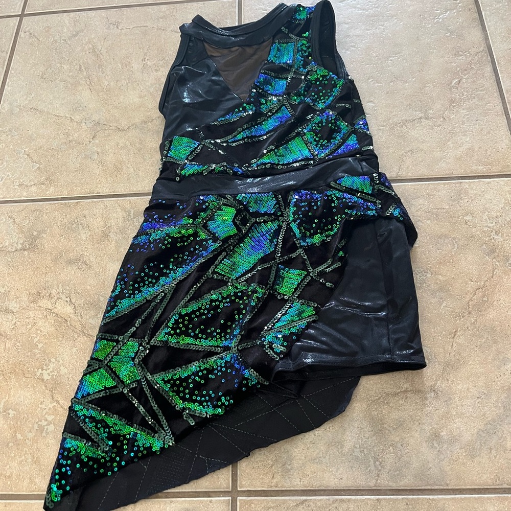 blueish green and black one piece with skirt